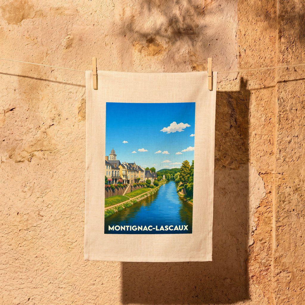 Torchon souvenir de la ville de Montignac-Lascaux avec une illustration stylisée des bords de la Vézère.