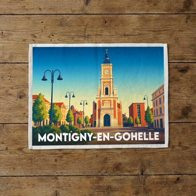 Torchon souvenir de la ville de Montigny-en-Gohelle avec une illustration stylisée de son église et de sa place.