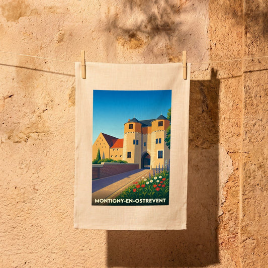 Torchon souvenir de la ville de Montigny-en-Ostrevent avec une illustration stylisée de son patrimoine architectural.