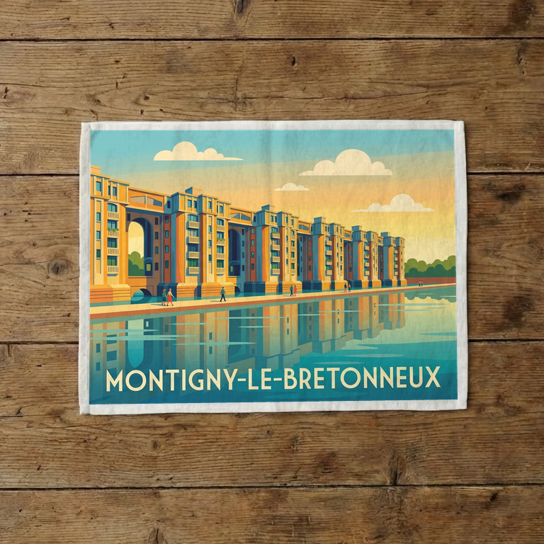 Torchon souvenir de la ville de Montigny-le-Bretonneux avec une illustration stylisée.