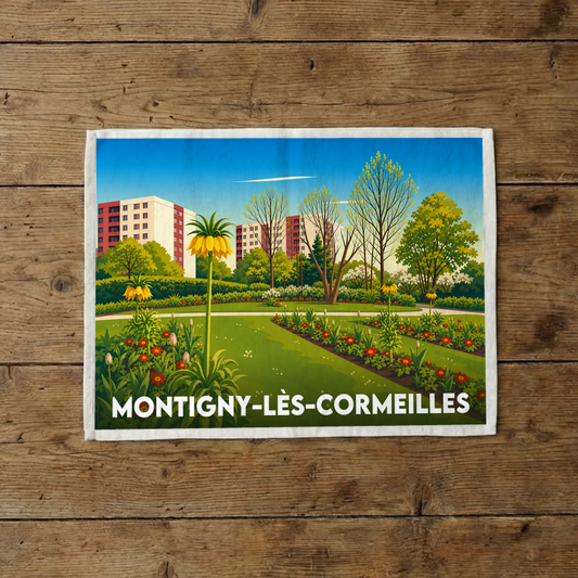 Torchon souvenir de la ville de Montigny-lès-Cormeilles avec une illustration stylisée d'un parc fleuri et de bâtiments.