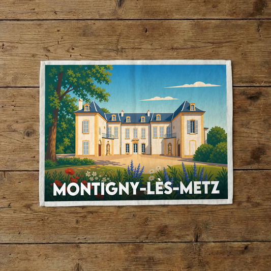 Torchon souvenir de la ville de Montigny-lès-Metz avec une illustration stylisée d'un château.