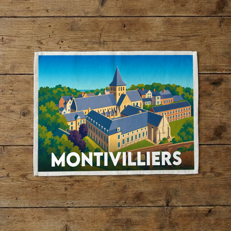 Torchon souvenir de la ville de Montivilliers avec une illustration stylisée.