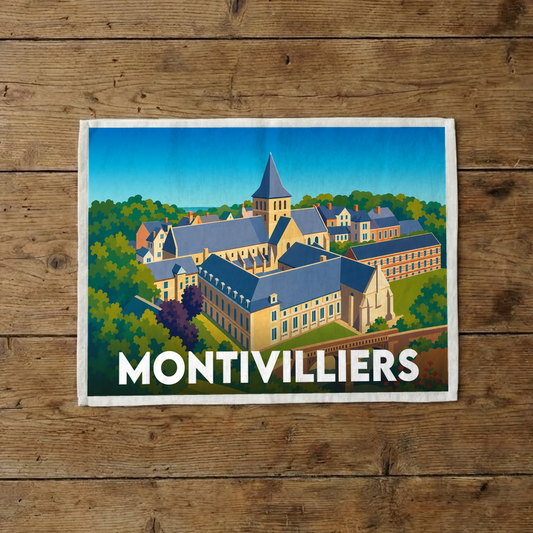 Torchon souvenir de la ville de Montivilliers avec une illustration stylisée.