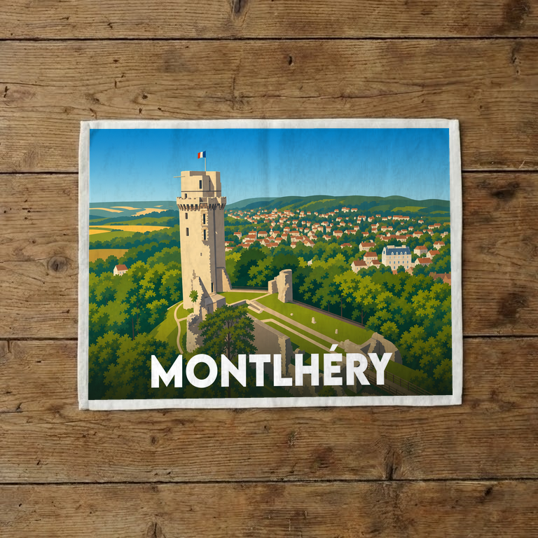 Torchon souvenir de la ville de Montlhéry illustré par une vue stylisée de sa tour médiévale.
