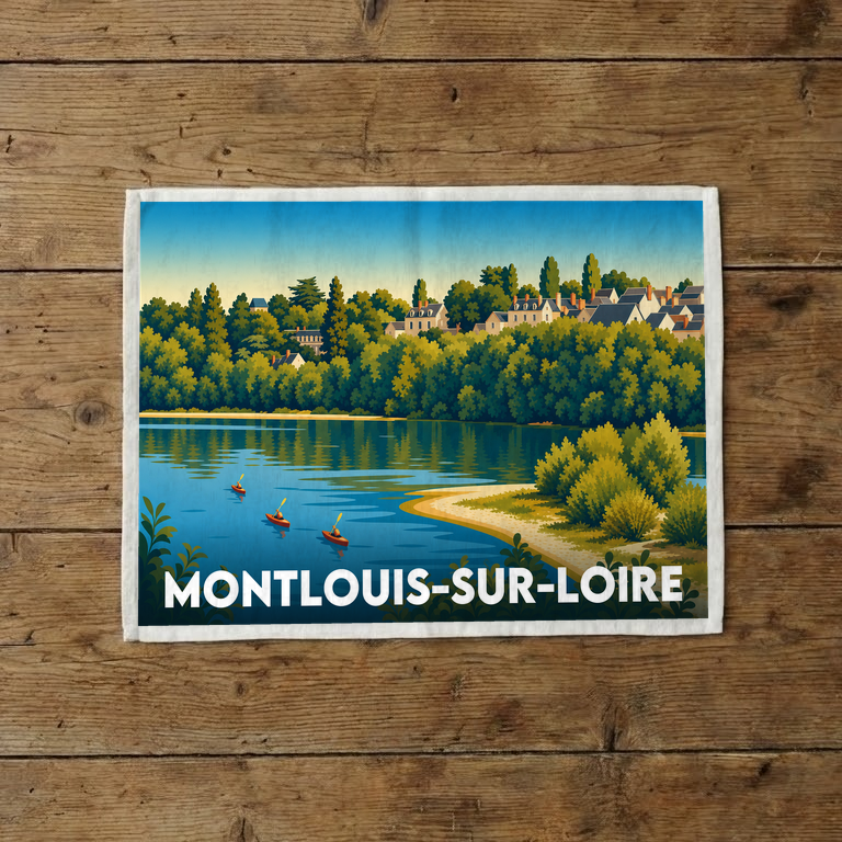 Torchon souvenir de la ville de Montlouis-sur-Loire avec une illustration stylisée des bords de Loire.