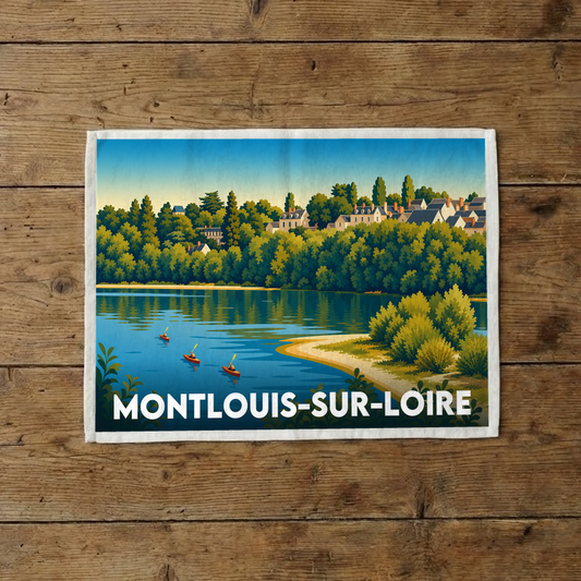 Torchon souvenir de la ville de Montlouis-sur-Loire avec une illustration stylisée des bords de Loire.