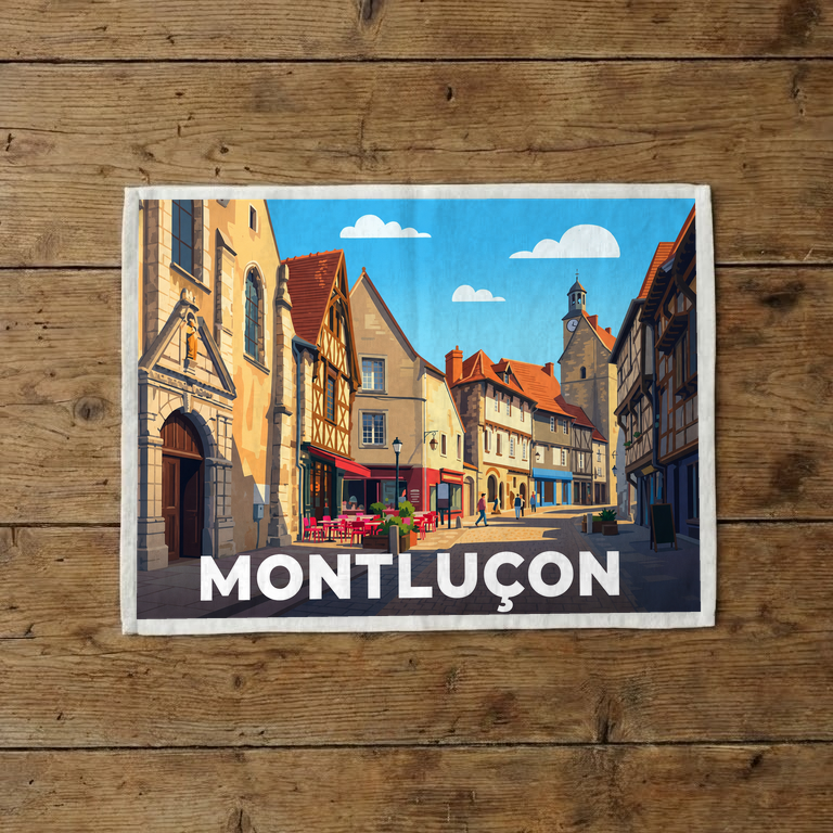 Torchon souvenir de la ville de Montluçon avec une illustration stylisée de ses rues.