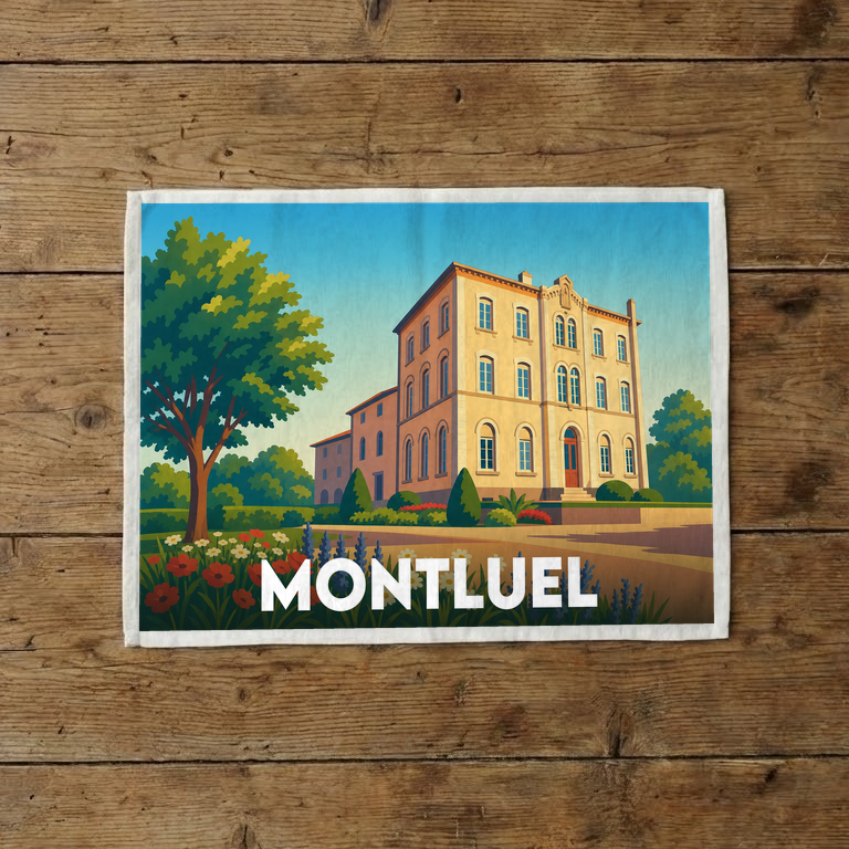 Torchon souvenir de la ville de Montluel avec une illustration stylisée d'un bâtiment historique et son jardin.