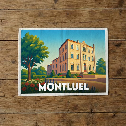 Torchon souvenir de la ville de Montluel avec une illustration stylisée d'un bâtiment historique et son jardin.