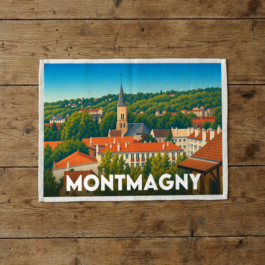 Torchon souvenir de la ville de Montmagny avec une illustration stylisée de ses toits et de son église.