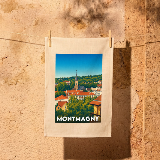 Torchon souvenir de la ville de Montmagny avec une illustration stylisée de ses toits et de son église.