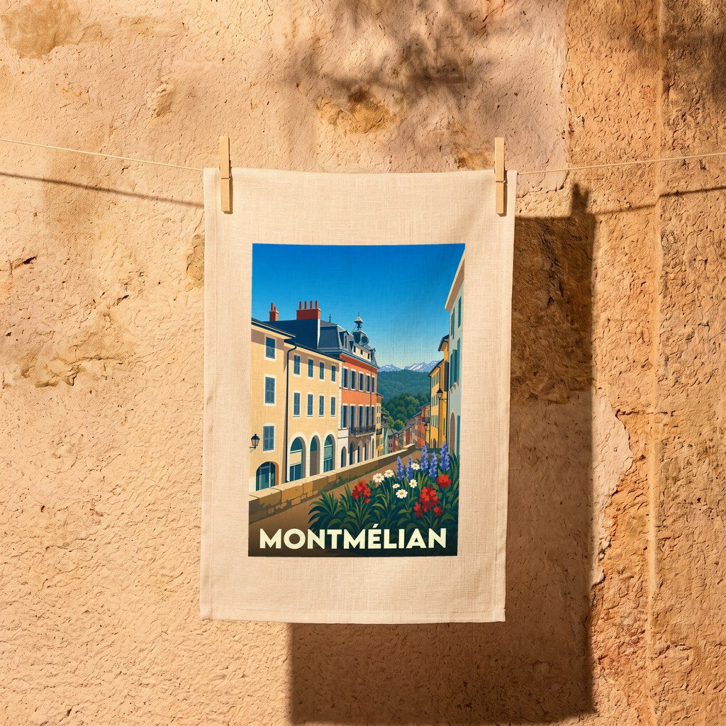 Torchon souvenir de la ville de Montmélian avec une illustration stylisée et colorée.