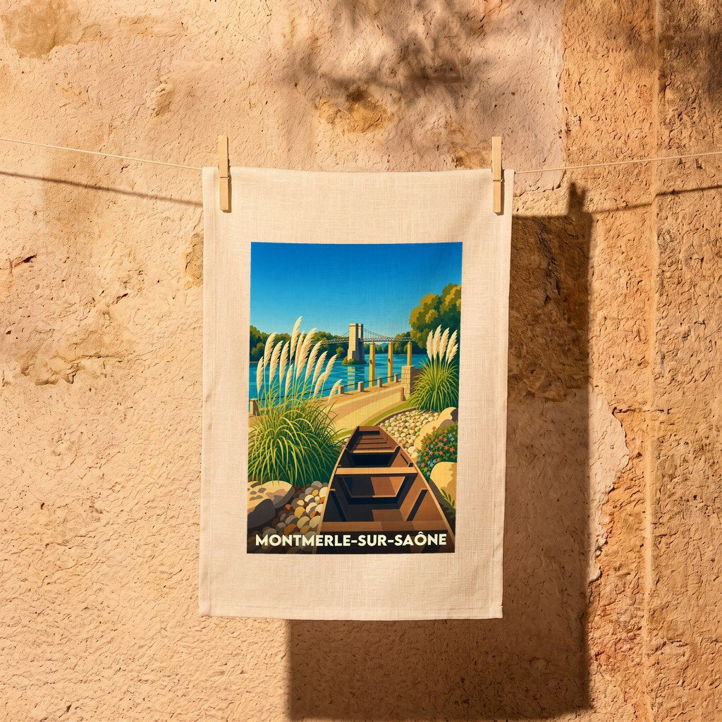 Torchon souvenir de la ville de Montmerle-sur-Saône avec une illustration stylisée des bords de Saône.