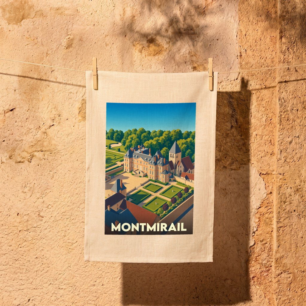 Torchon souvenir de la ville de Montmirail orné d'une illustration stylisée du château et de ses jardins.