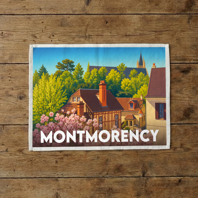 Torchon souvenir de la ville de Montmorency avec une illustration stylisée de maisons et de cerisiers en fleurs.