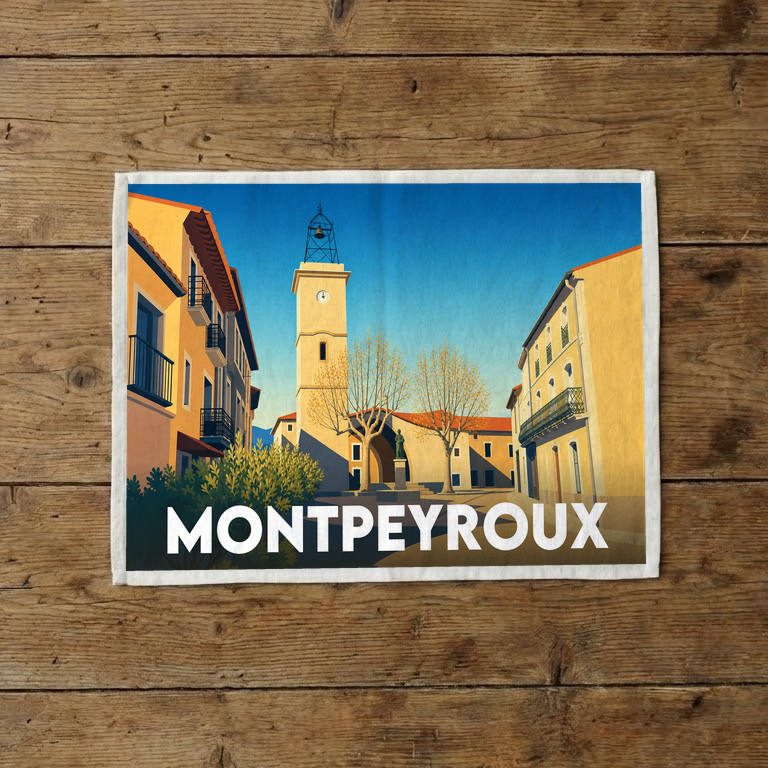 Torchon souvenir de la ville de Montpeyroux avec une illustration stylisée de son clocher et de sa place centrale.