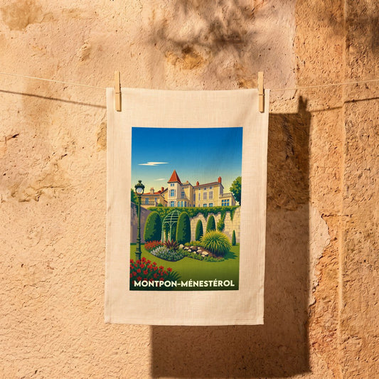 Torchon souvenir de la ville de Montpon-Ménestérol avec une illustration stylisée de son patrimoine.