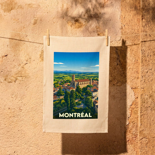 Torchon souvenir de la ville de Montréal avec une illustration stylisée de son paysage urbain.