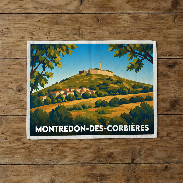 Torchon souvenir de la ville de Montredon-des-Corbières avec une illustration stylisée de son paysage.