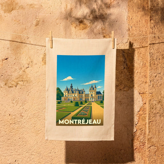 Torchon souvenir de la ville de Montréjeau avec une illustration stylisée d'un château et de ses jardins.