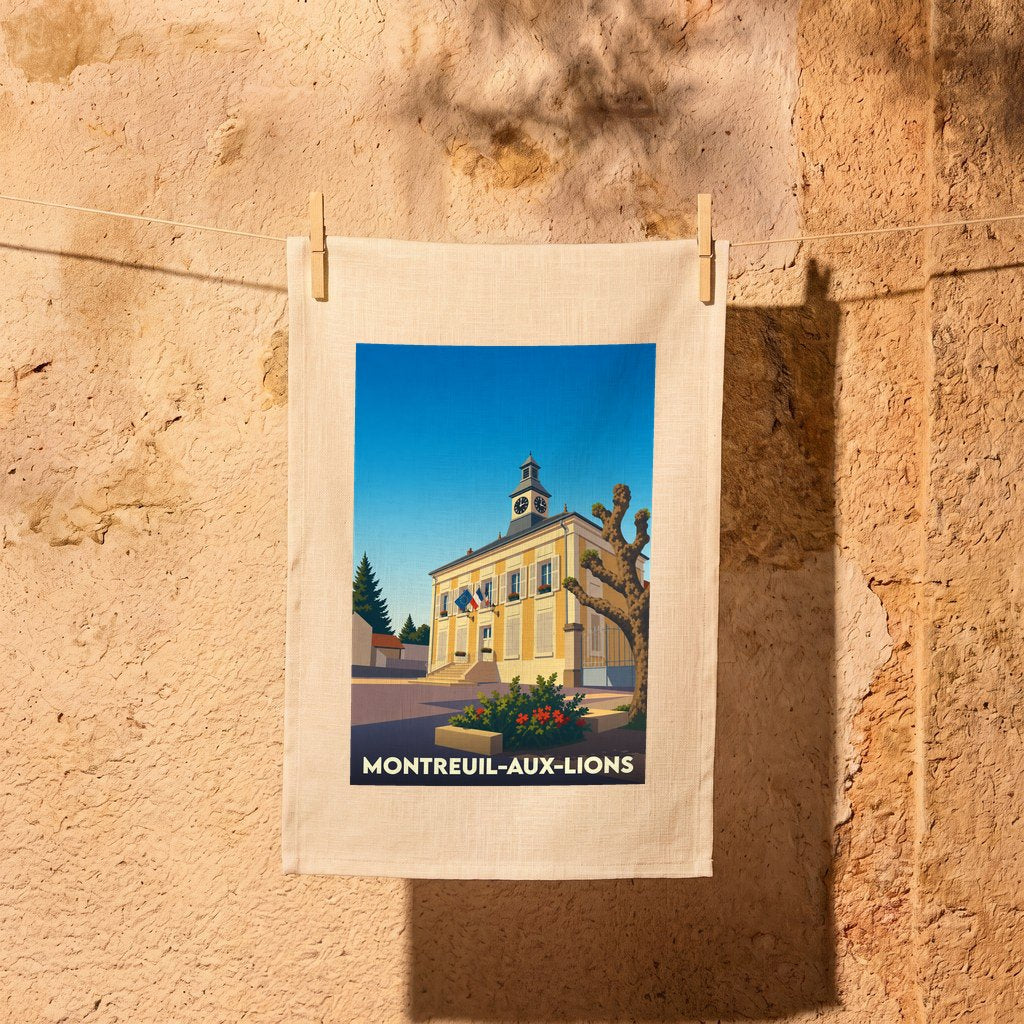 Torchon souvenir de la ville de Montreuil-aux-Lions avec une illustration stylisée de sa mairie.