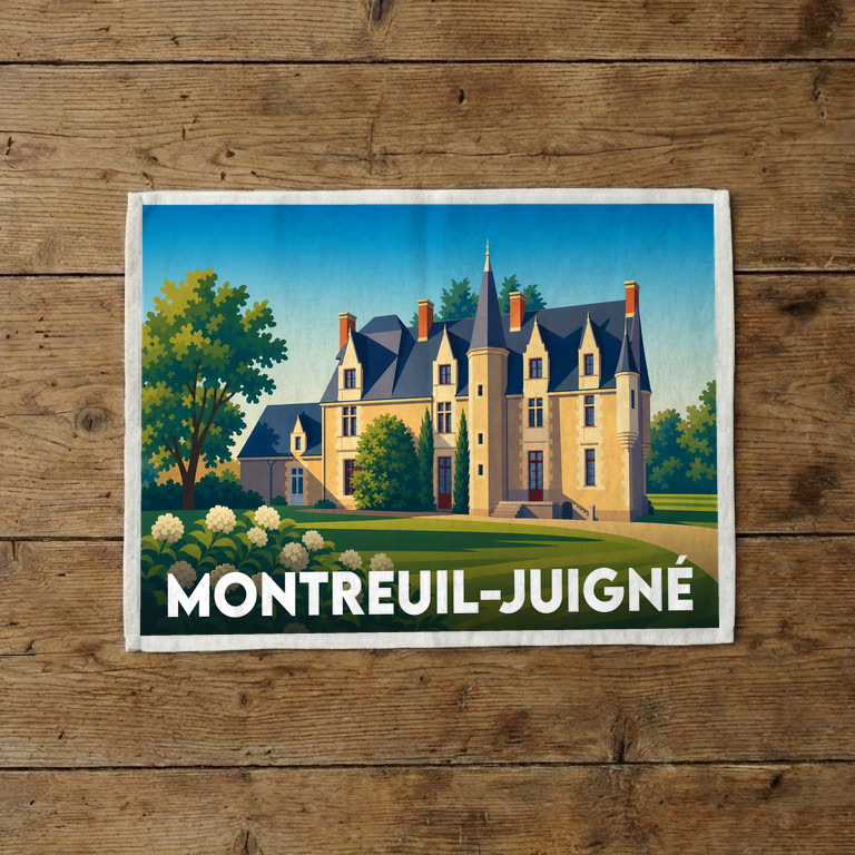 Torchon souvenir de la ville de Montreuil-Juigné avec une illustration stylisée de son château.