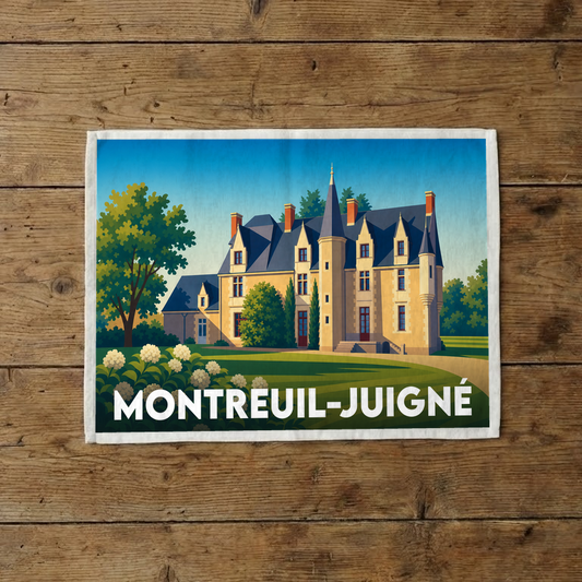 Torchon souvenir de la ville de Montreuil-Juigné avec une illustration stylisée de son château.