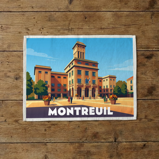 Torchon souvenir de la ville de Montreuil avec une illustration stylisée de l'hôtel de ville.