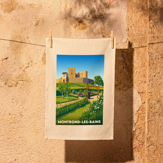 Torchon souvenir de la ville de Montrond-les-Bains avec une illustration stylisée de son château et de ses jardins.