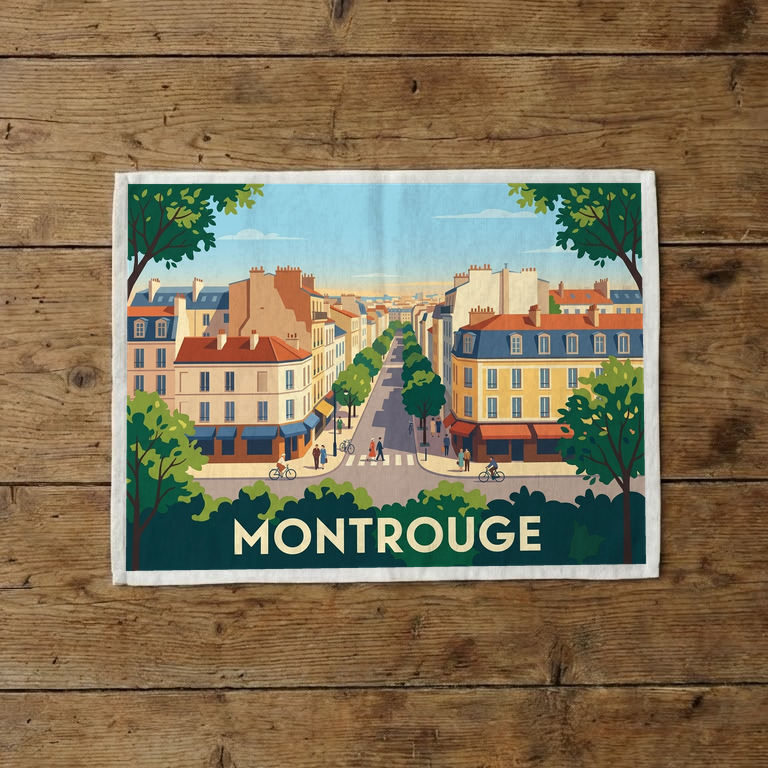 Torchon souvenir de la ville de Montrouge avec une illustration urbaine stylisée.
