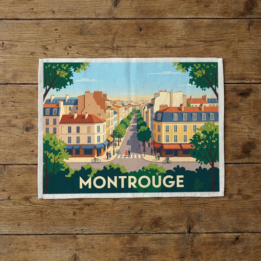 Torchon souvenir de la ville de Montrouge avec une illustration urbaine stylisée.