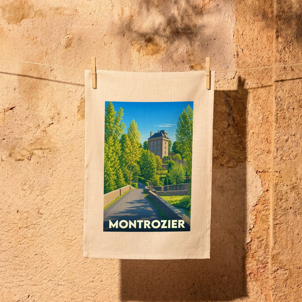 Torchon souvenir de la ville de Montrozier avec une illustration stylisée d'un château et d'un chemin boisé.