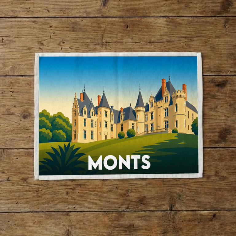 Torchon souvenir de la ville de Monts avec une illustration stylisée de son château.