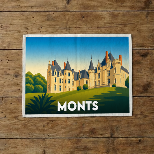 Torchon souvenir de la ville de Monts avec une illustration stylisée de son château.