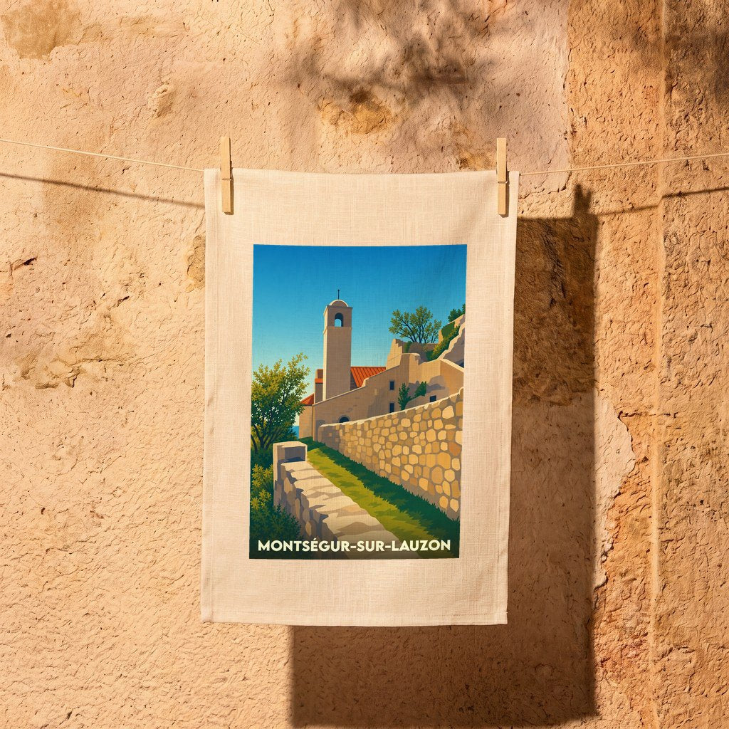 Torchon souvenir de la ville de Montségur-sur-Lauzon avec une illustration stylisée.