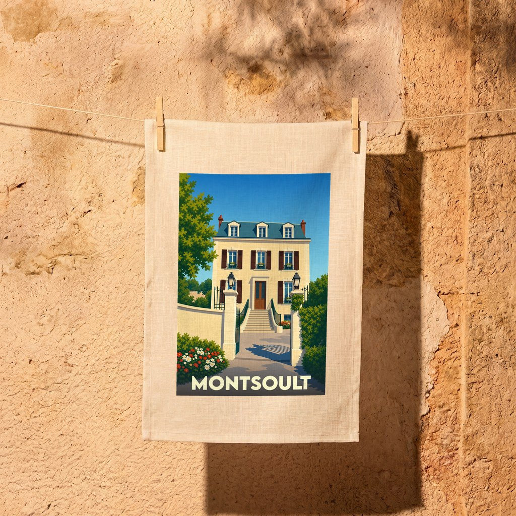 Torchon souvenir de la ville de Montsoult avec une illustration stylisée d'une maison de maître.
