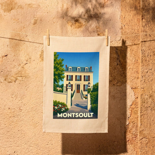 Torchon souvenir de la ville de Montsoult avec une illustration stylisée d'une maison bourgeoise.