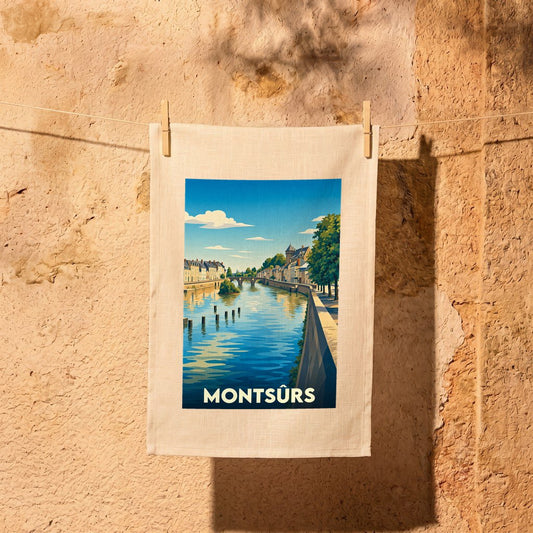 Torchon souvenir de la ville de Montsûrs orné d'une illustration stylisée représentant les bords de la Jouanne.