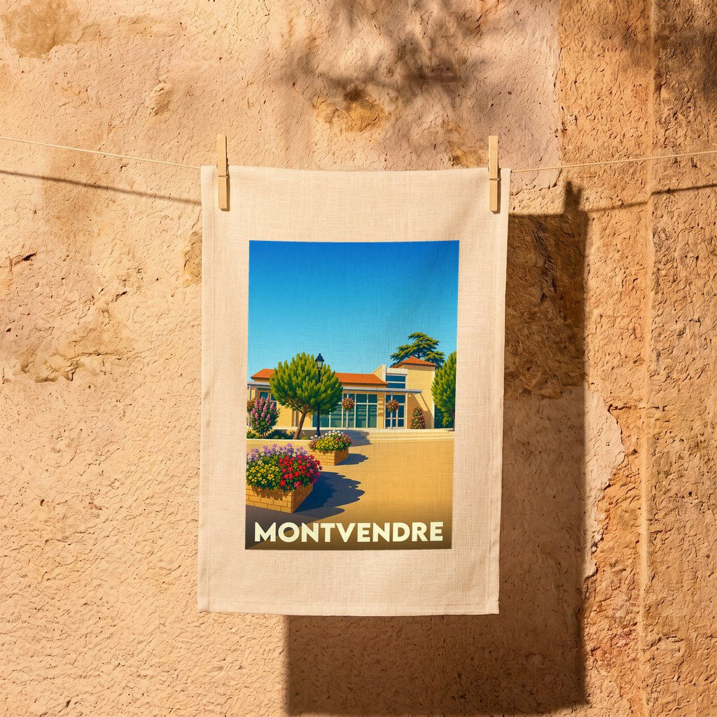 Torchon souvenir de la ville de Montvendre avec une illustration stylisée et colorée.