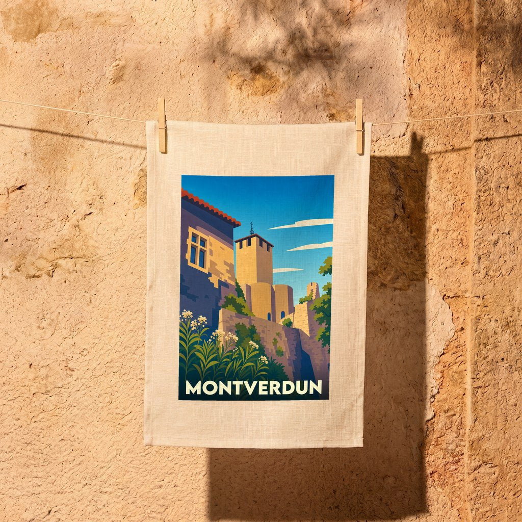 Torchon souvenir de la ville de Montverdun avec une illustration stylisée.
