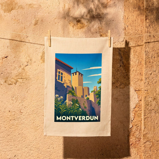 Torchon souvenir de la ville de Montverdun avec une illustration stylisée.
