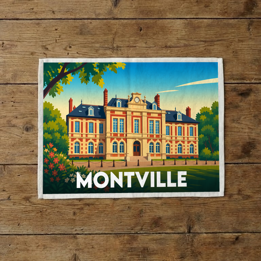 Torchon souvenir de la ville de Montville avec une illustration stylisée.
