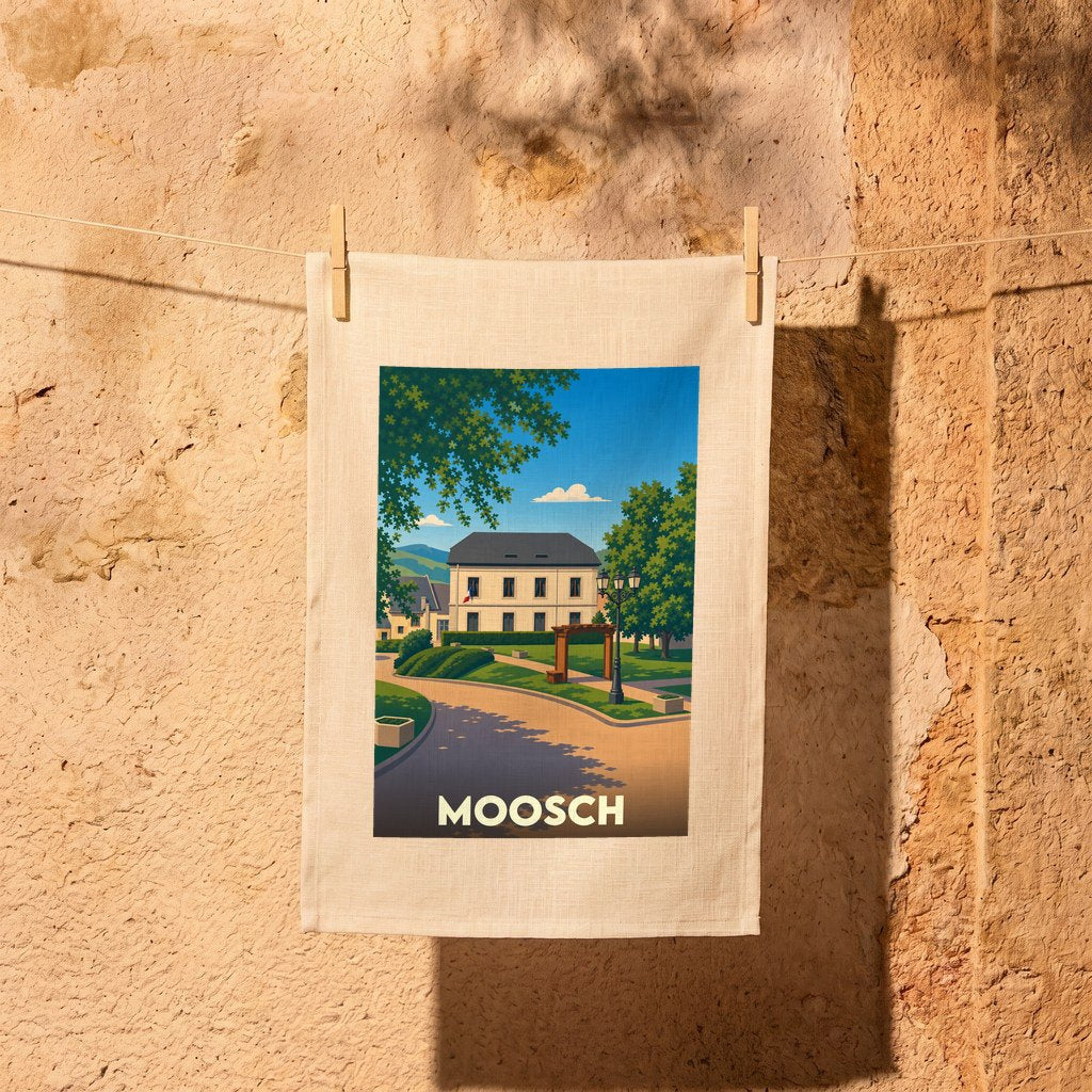 Torchon souvenir de la ville de Moosch illustré par un paysage urbain stylisé.