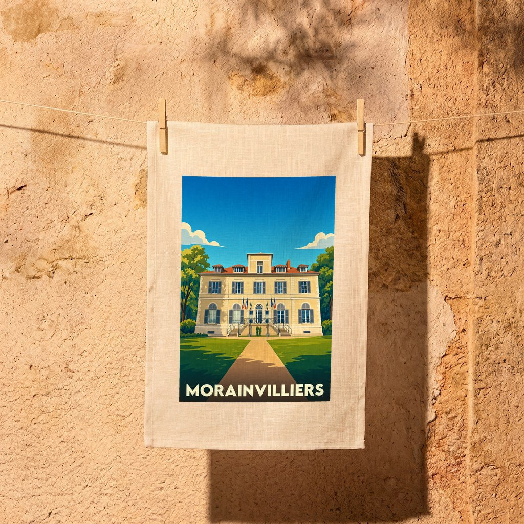 Torchon souvenir de la ville de Morainvilliers illustrant sa mairie dans un style affiche rétro.