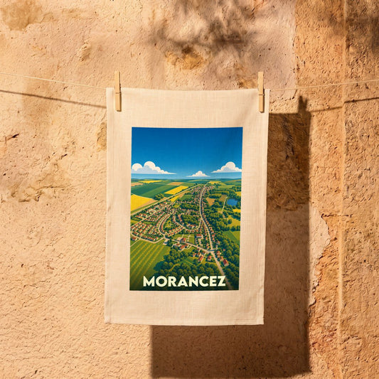 Torchon souvenir de la ville de Morancez avec une illustration paysagère stylisée.