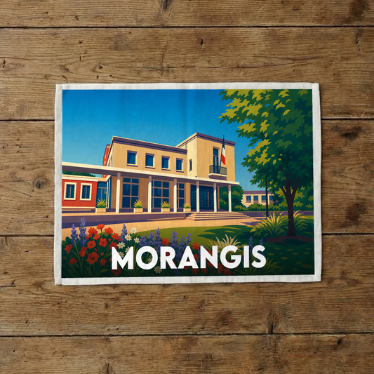 Torchon souvenir de la ville de Morangis avec une illustration stylisée.