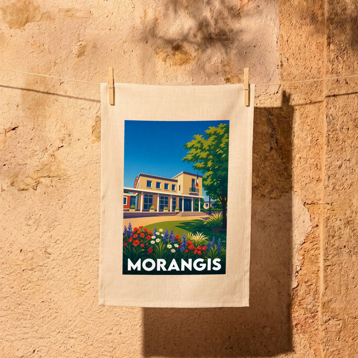 Torchon souvenir de la ville de Morangis avec une illustration stylisée.