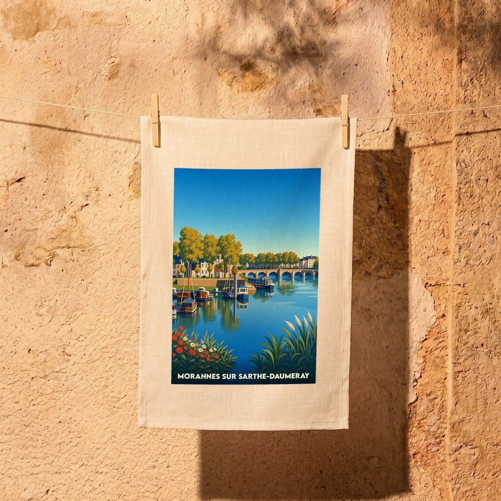 Torchon souvenir de la ville de Morannes sur Sarthe-Daumeray avec une illustration stylisée des bords de Sarthe.