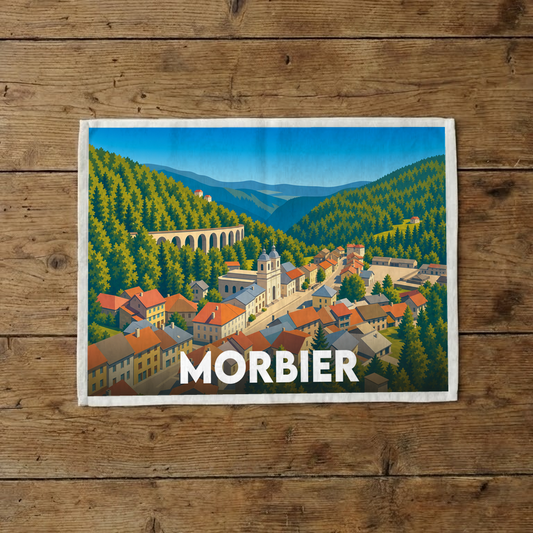 Torchon souvenir de la ville de Morbier avec une illustration stylisée du village et de ses montagnes.